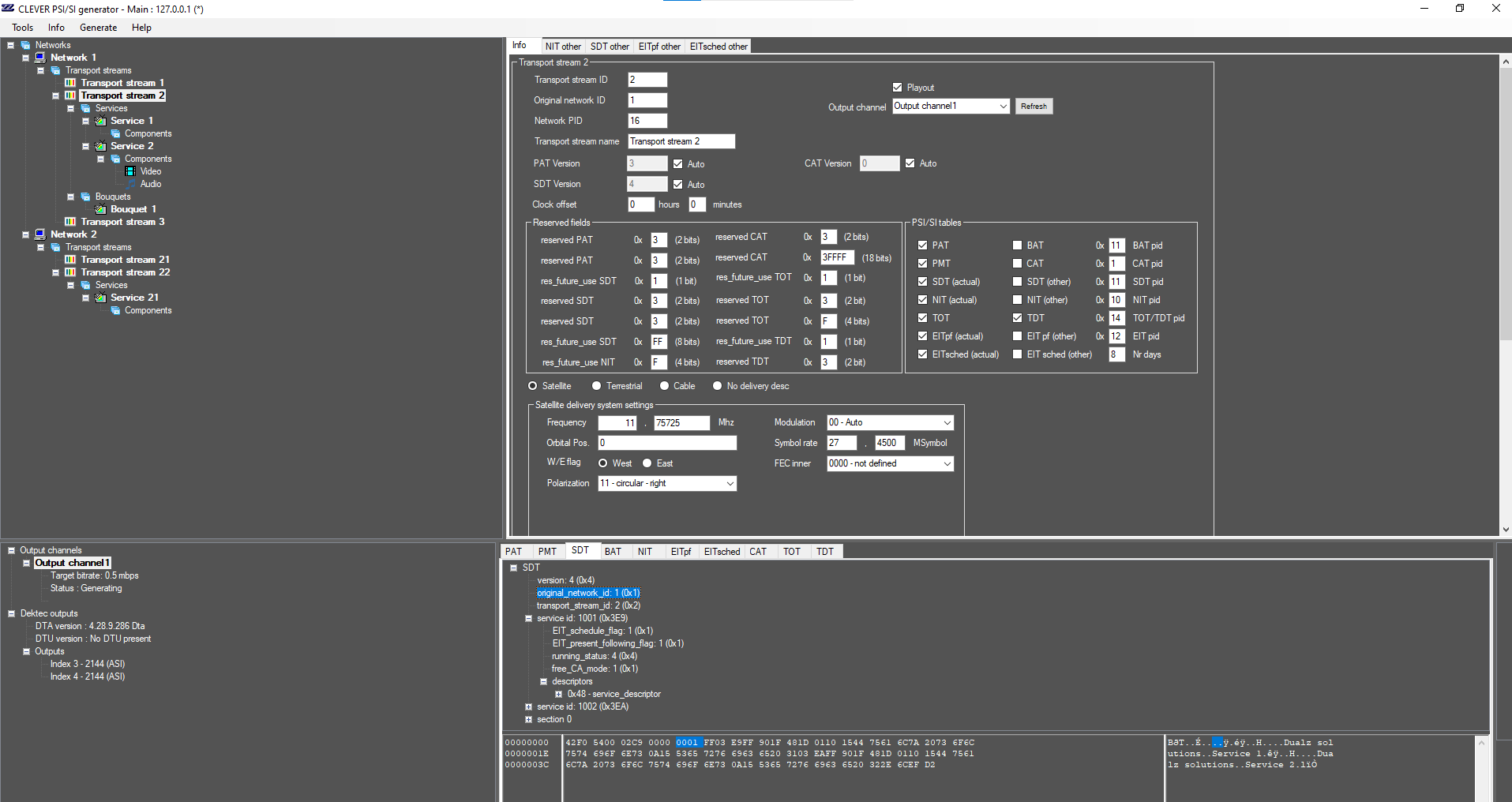 PSI/SI generator management view with transport stream controls and table status
