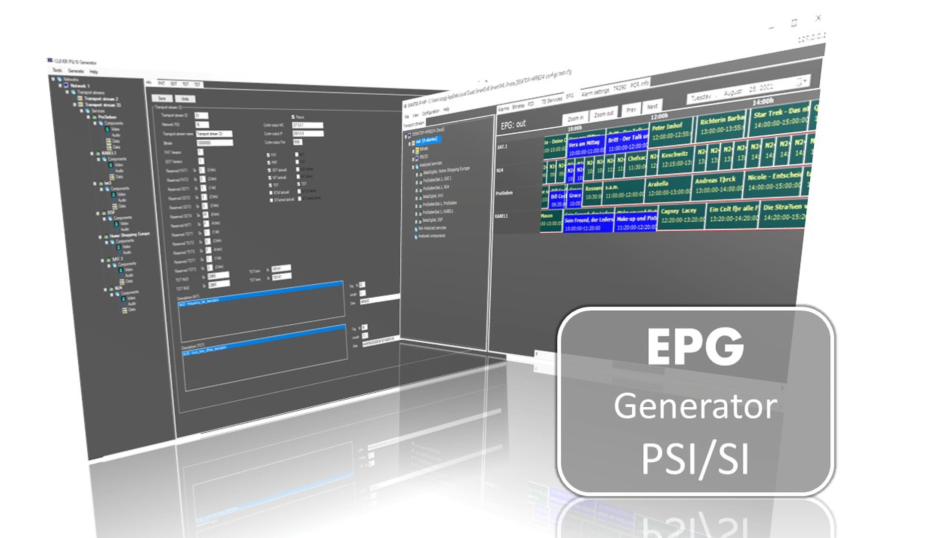 PSI/SI generator overview with EPG grid and transport stream controls