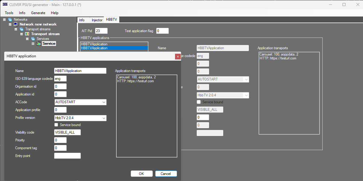HbbTV application configuration screen in the PSI/SI generator